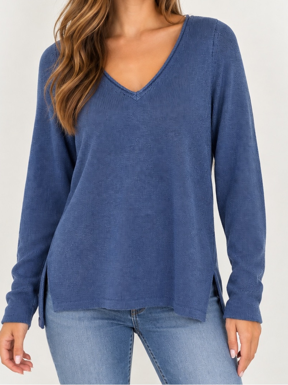 J. McLaughlin Navy Blue V-Neck Knit Long Sleeve Side Slit Sweater